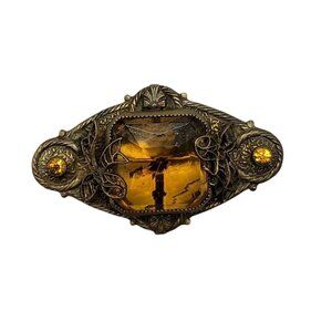 Australian Crystal Brooch Yellow Large Center Stone Antiqued Gold Tone Vintage
